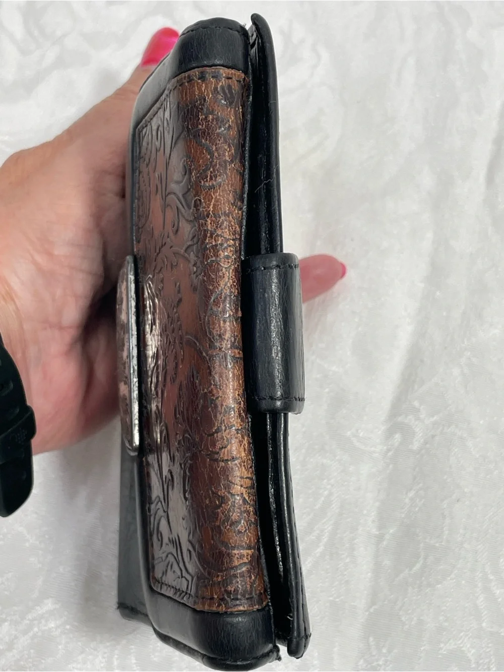 Brighton Vintage Tooled Leather Bifold Wallet in Black and Brown.